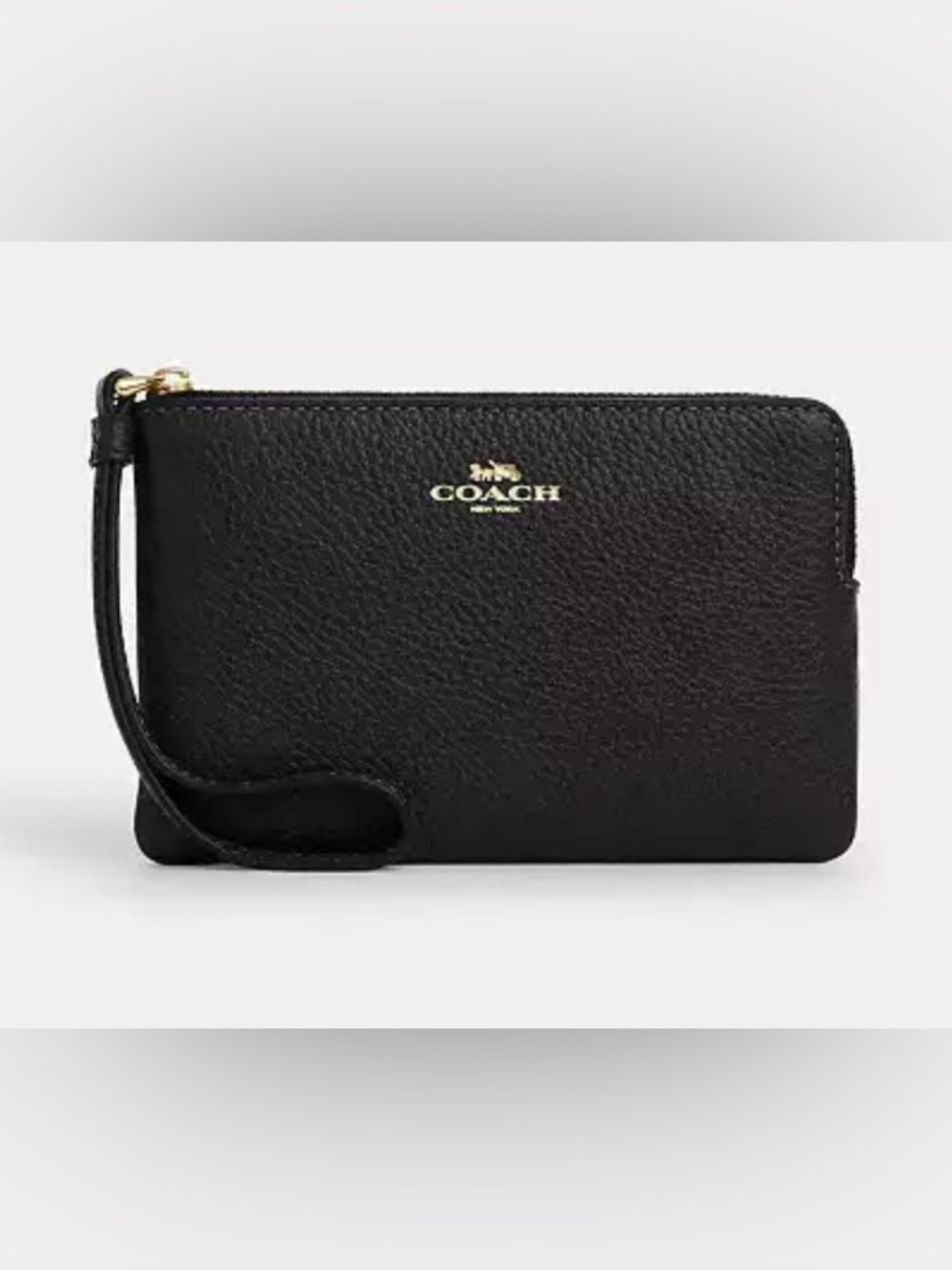NWOT Coach Black Pebbled Leather Zip Wristlet with Gold Accent